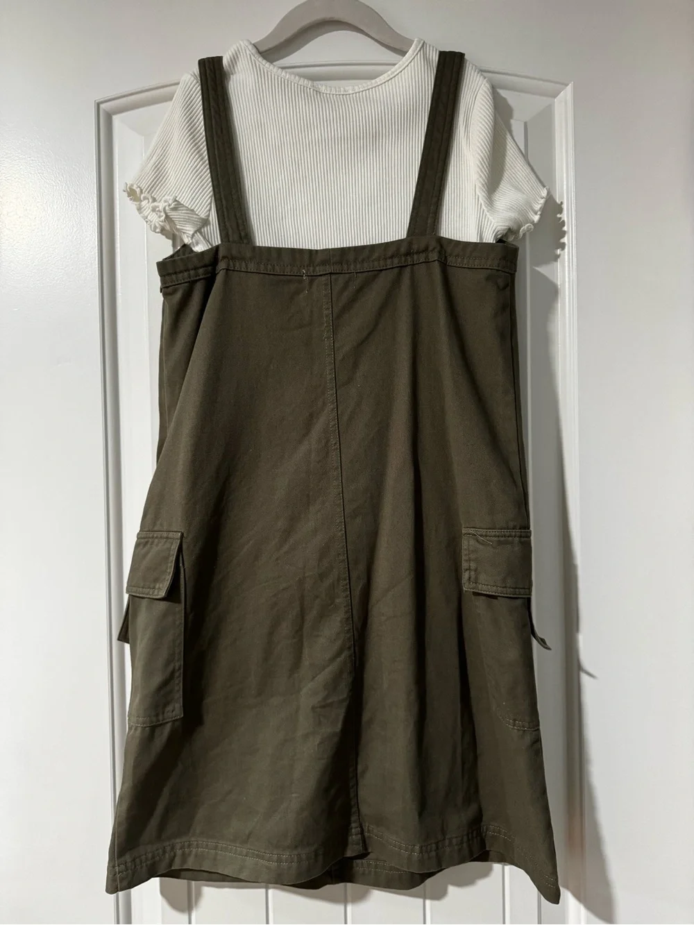 NWOT Rachel Zoe Olive Green Pinafore Dress with Buckle Straps & SS Top - Sz 10